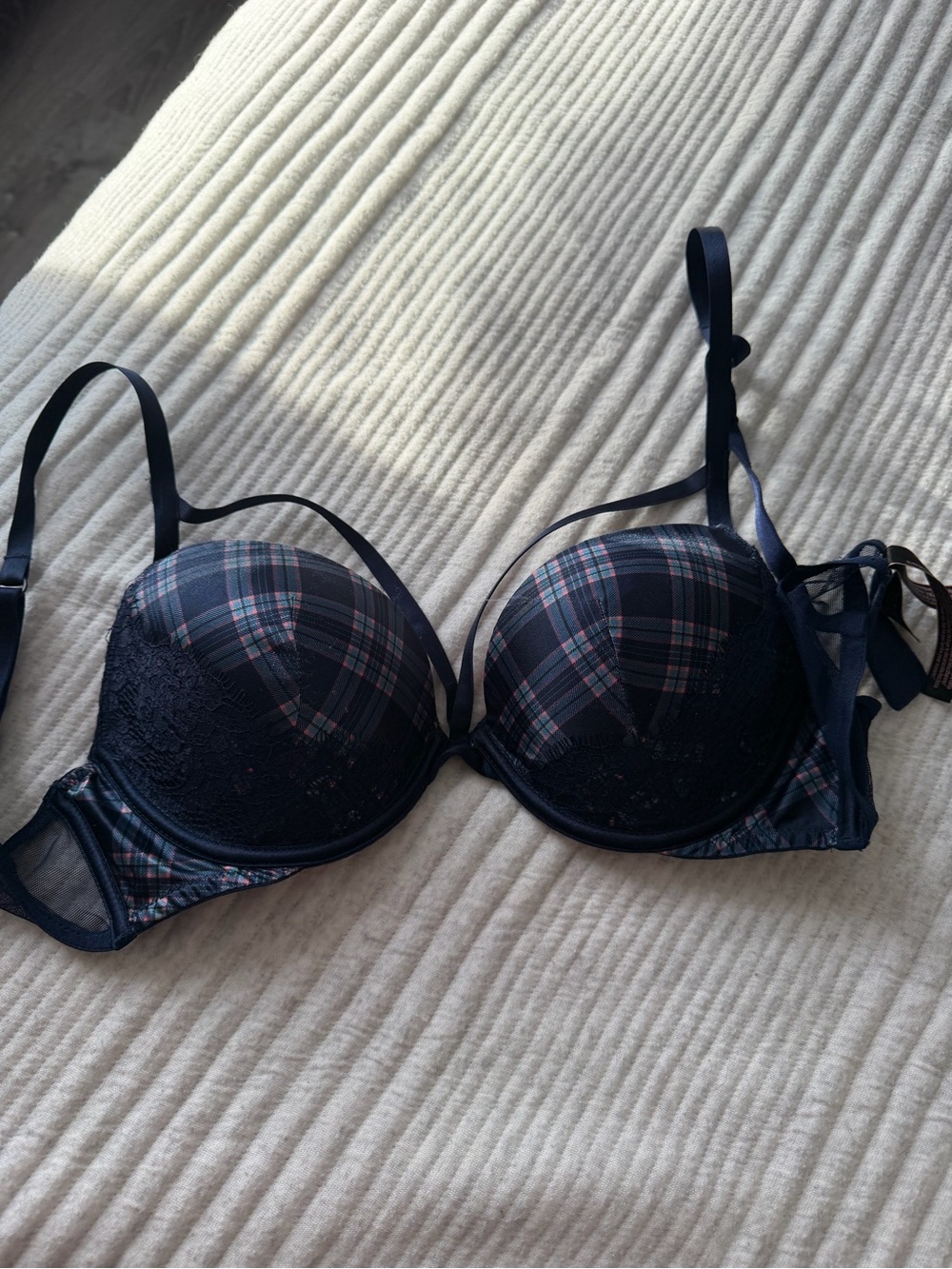 Victoria's Secret Navy Plaid Lace Push-Up Bra